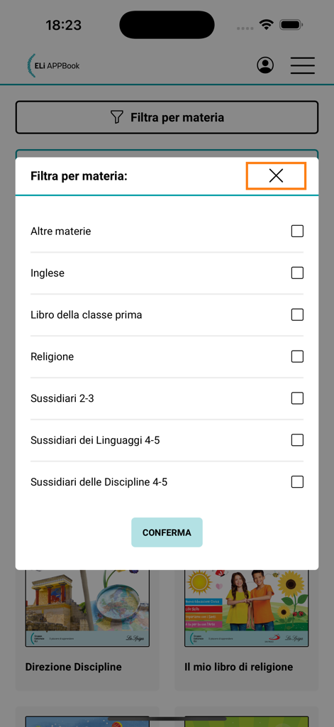 A pop-up menu in the ELi APPBook app showing various school subjects to filter digital textbooks.