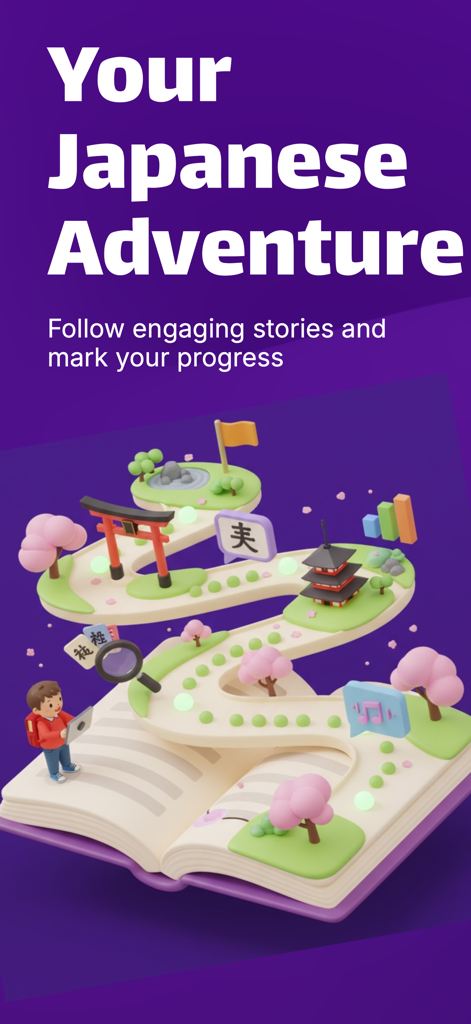 Una ilustración isométrica en 3D que muestra un camino de aprendizaje de idiomas con iconos culturales japoneses como una puerta Torii y flores de cerezo que emergen de un libro abierto.