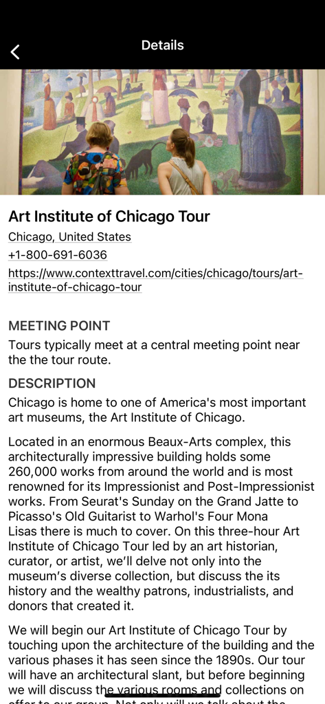 Avenue Two Travel - A luxury travel itinerary screen showing details for a private Art Institute of Chicago tour