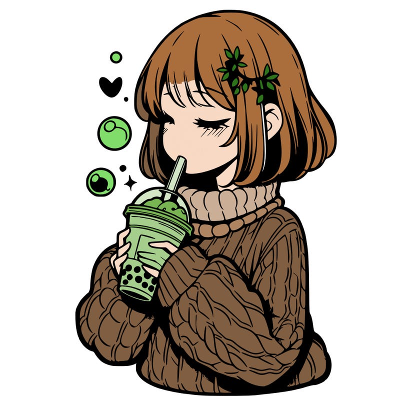 manga girl drinking boba in cozy sweater
