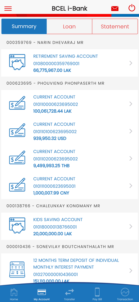 A mobile app screen of BCEL i-Bank displaying a summary of multiple bank accounts including savings and current accounts in various currencies