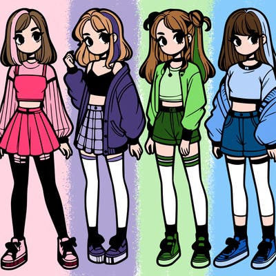 one girl with crop-top shirt and a jacket with a skirt, long socks and another girl with a shirt and pants with a jacket