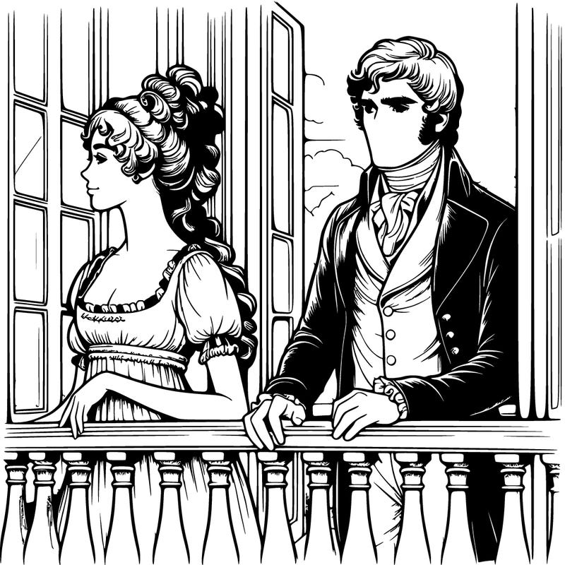 realistic regency era man and woman on balcony