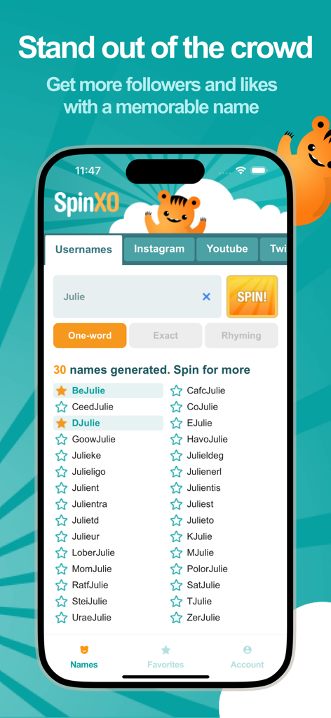 SpinXO Username Generator - Schermata dell'app SpinXO Username Generator che mostra suggerimenti di nomi utente generati per il nome Julie con un pulsante di spin e una mascotte