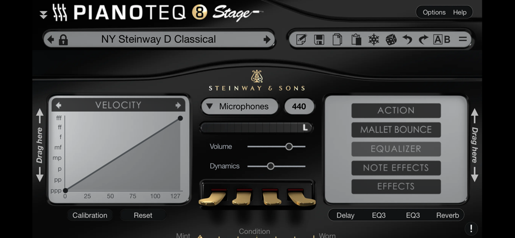 Pianoteq 8インターフェース、NY Steinway Dクラシックピアノの設定とベロシティカーブグラフを表示
