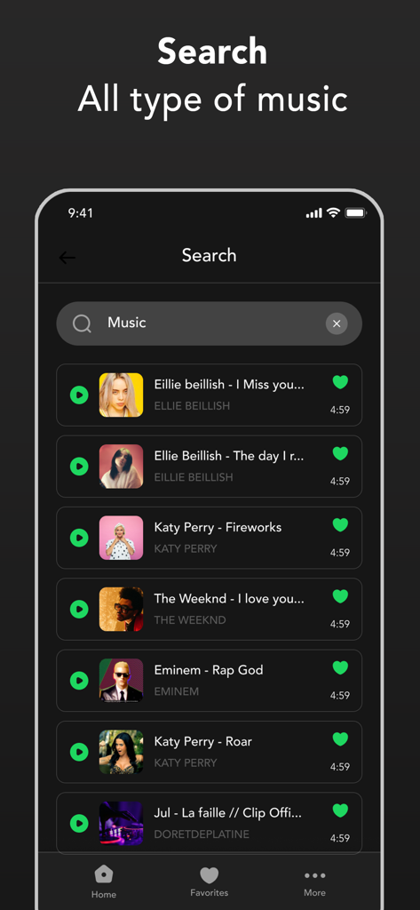 Pure Tuber app search screen displaying a list of music tracks with artist names and play buttons