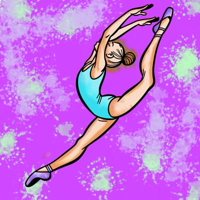 gymnast doing a leap in a leotard with a bent back leg