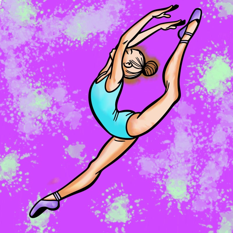 gymnast doing a leap in a leotard with a bent back leg