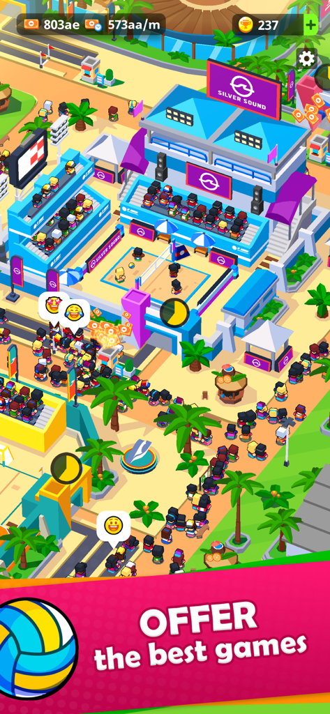 Aerial view of a beach volleyball stadium and crowds in a sports management tycoon game
