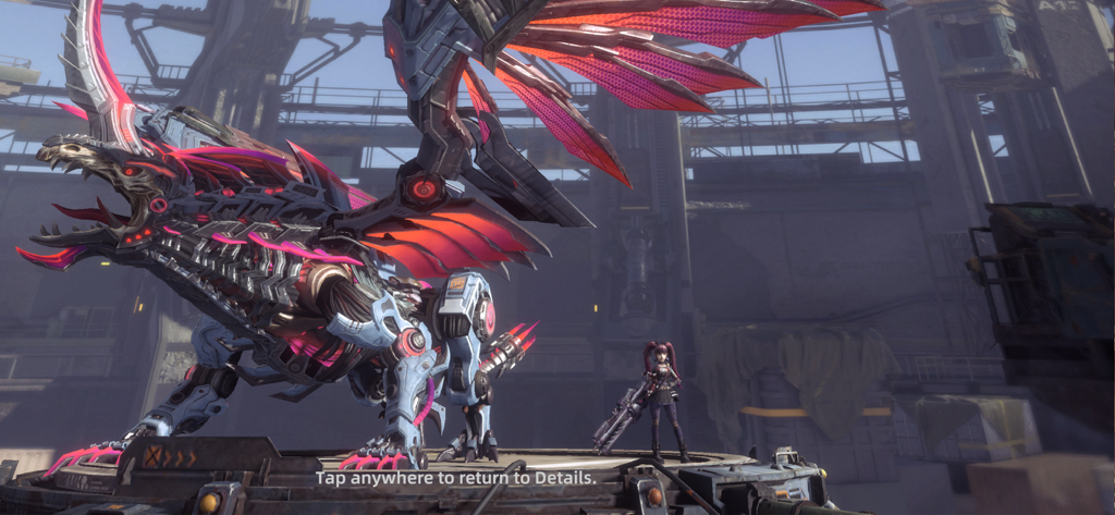 A large mechanical dragon with glowing red wings standing next to a female commander in a futuristic hangar.