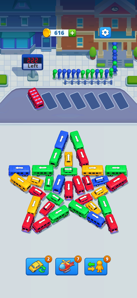 Bus Parking Jam: Chaos Escape - Gameplay screenshot of Bus Parking Jam Chaos Escape showing a star shaped arrangement of colorful buses and passengers waiting in line