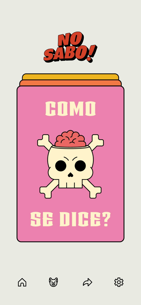 A pink trivia card from the No Sabo app featuring a skull with a brain and the Spanish question Como se dice