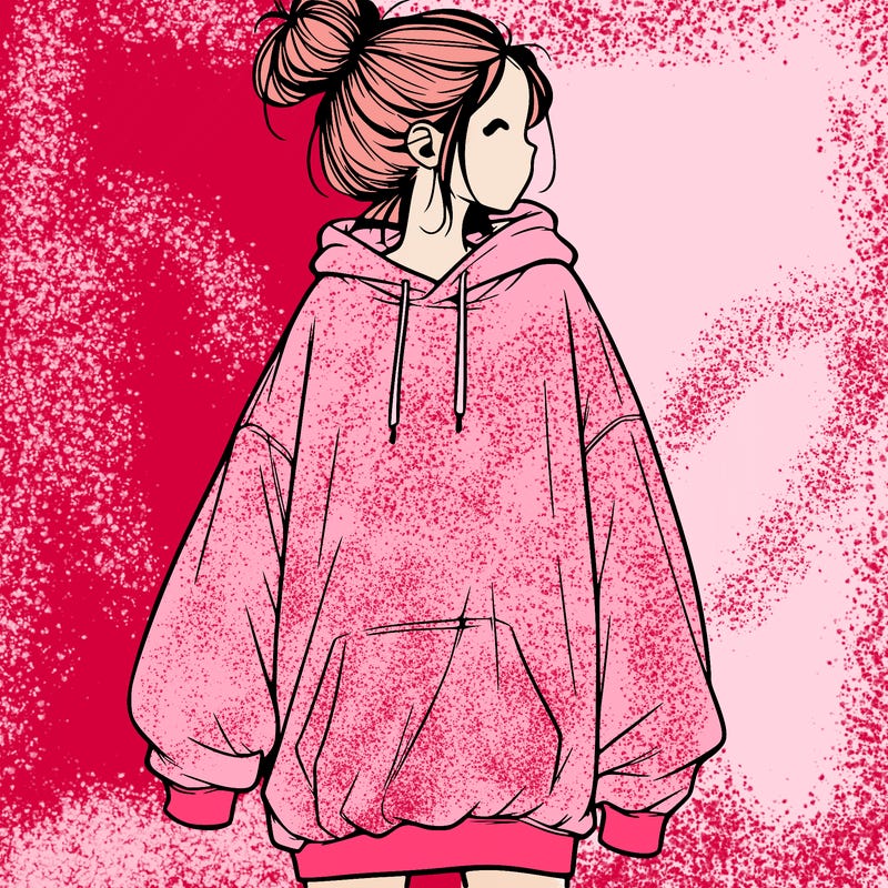 realistic girl with a oversized sweatshirt on and a bun