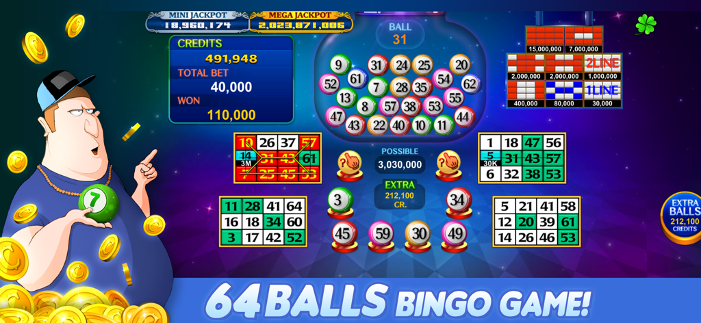 Luck'e Bingo : Video Bingo - Gameplay screenshot of Luck'e Bingo showing 64 balls video bingo with multiple cards and extra ball options