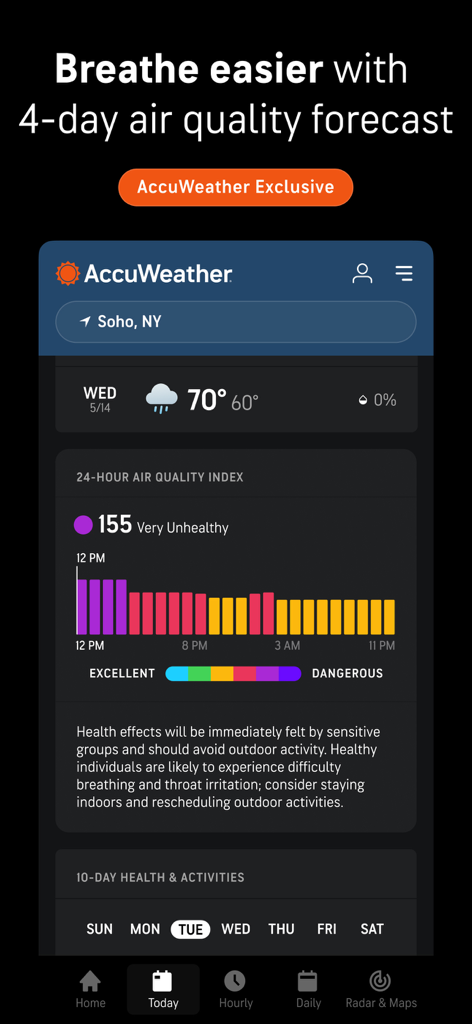 AccuWeather app screen showing a very unhealthy air quality index forecast with health recommendations for Soho New York