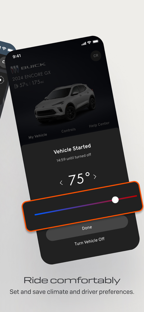myBuick - myBuick app interface showing remote climate control and vehicle start status for a 2024 Encore GX.