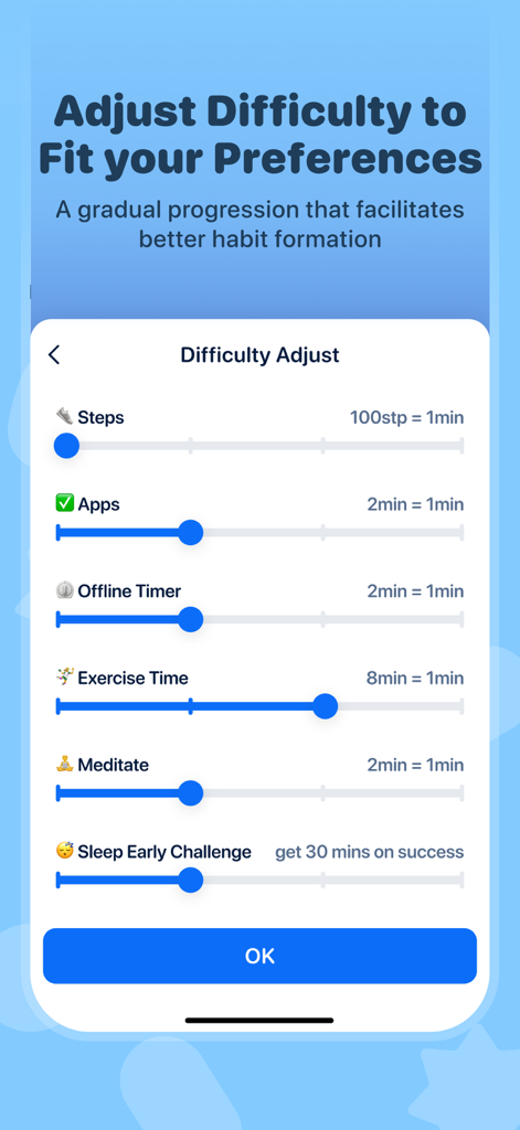 Interface showing difficulty adjustment sliders to set exchange rates for earning screen time through positive habits.