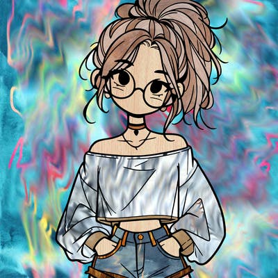 girl with a messy ponytail glasses a baggy crop top and jean shorts