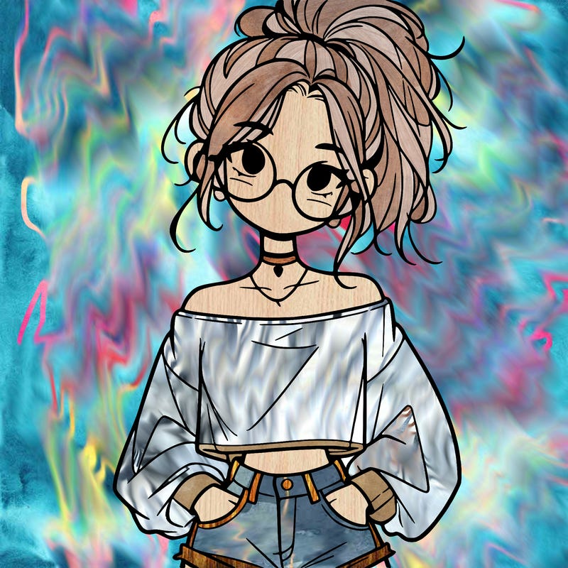 girl with a messy ponytail glasses a baggy crop top and jean shorts