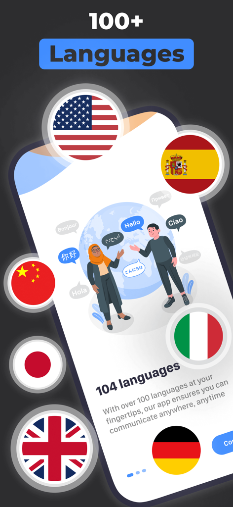 Interfaz de la aplicación que muestra soporte para más de 100 idiomas con varias banderas nacionales.