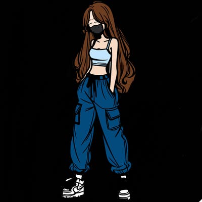 girl in baggy pants crop top and long hair