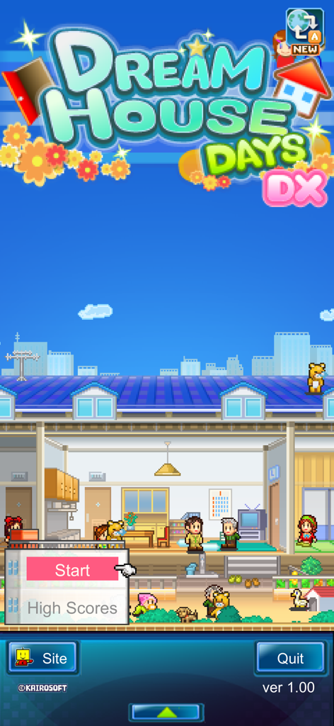 Dream House Days DX - Schermata del titolo di Dream House Days DX con personaggi in pixel art in un condominio