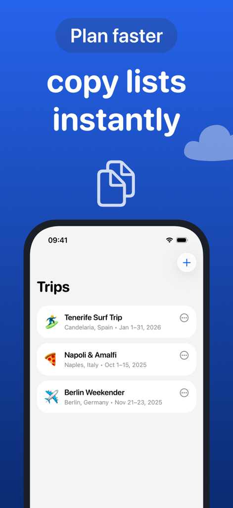 Schermata dell'iPhone che mostra un elenco di viaggi nell'app Packo con l'intestazione Pianifica più velocemente, copia le liste istantaneamente.