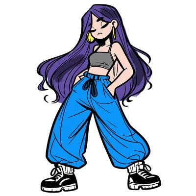girl in baggy pants crop top and long hair
