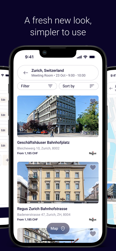 Regus mobile app interface showing a list of available meeting rooms and office buildings in Zurich