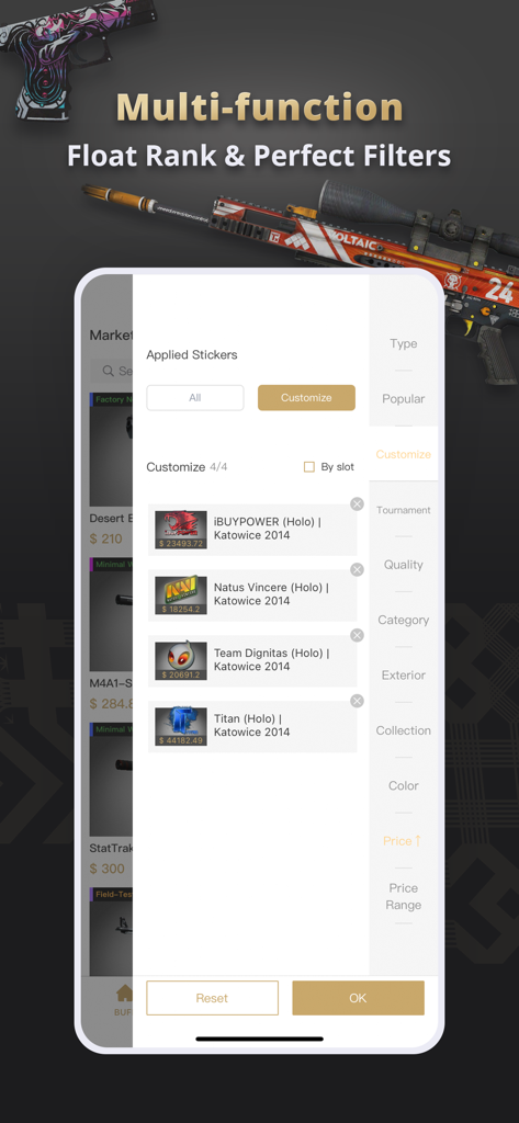 Tela do aplicativo BUFF Market mostrando filtros avançados para adesivos de armas CS2 e classificações de float.
