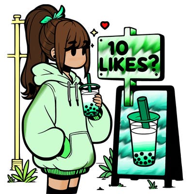 girl with oversized hoodie drinking boba and she has a high ponytail with a sign that says 10likes?