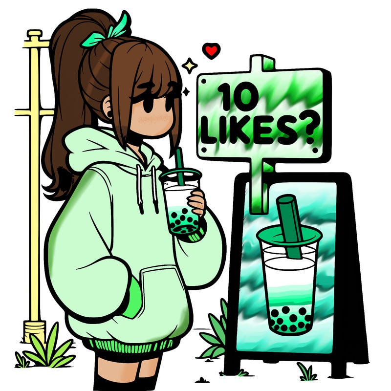 girl with oversized hoodie drinking boba and she has a high ponytail with a sign that says 10likes?