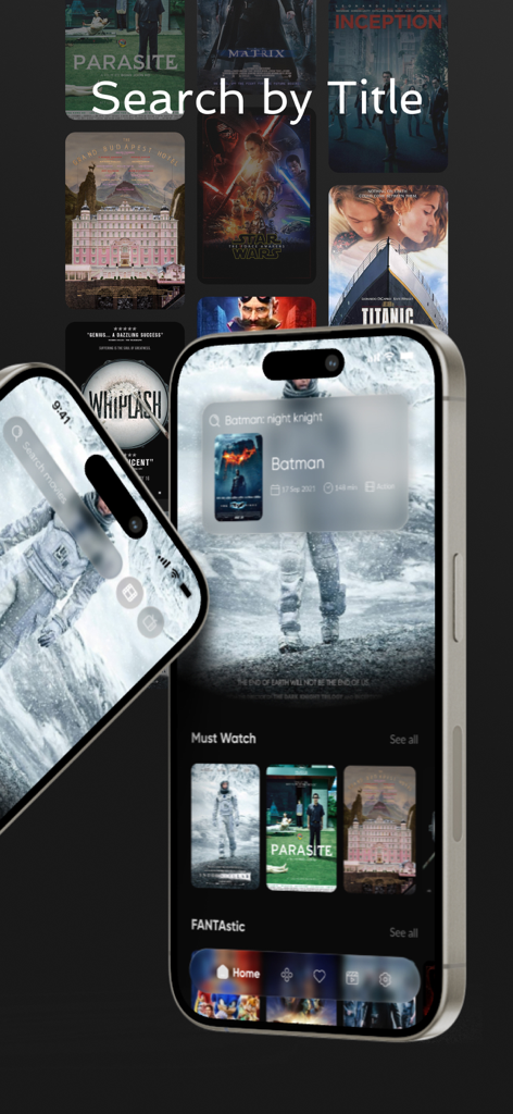 MegaFlix TV - iPhone mostrando la interfaz de búsqueda por título de la aplicación MegaFlix TV con varios pósteres de películas