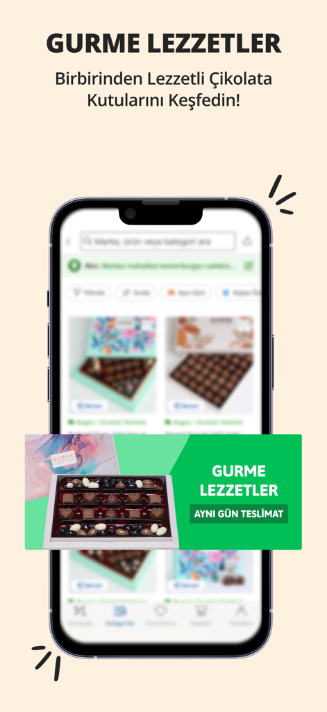 Mobile app screen for Ciceksepeti showing gourmet chocolate boxes and a banner for same-day gift delivery in Turkey