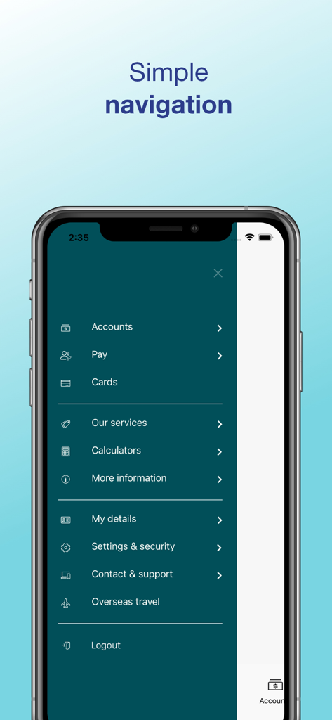 Reliance Bank - Reliance Bank mobile app menu showing simple navigation options for accounts, payments, and cards.