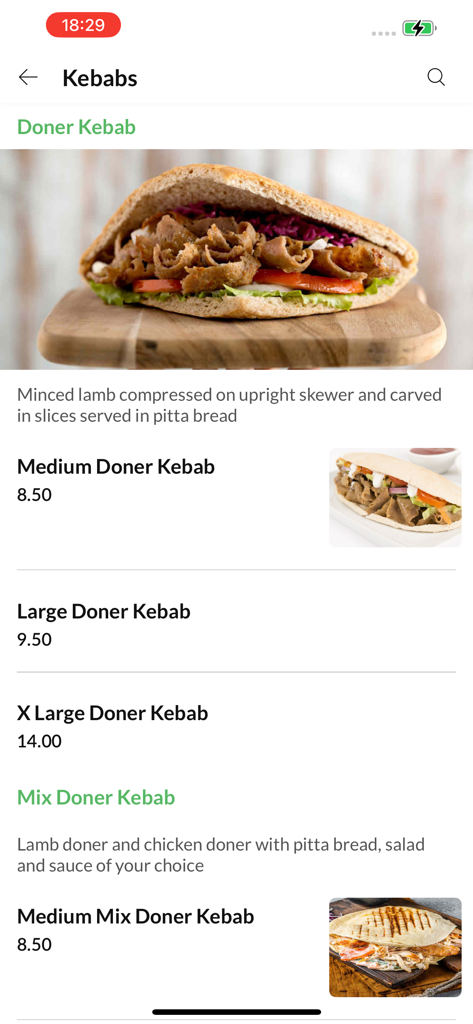 Pizzarella. - Pizzarella app interface showing a variety of doner kebab menu items with vivid food photography and prices