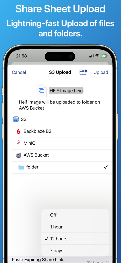 S3 Client - Files location - Interface do aplicativo S3 Client mostrando o upload de arquivos para um bucket AWS S3 com opções de links de compartilhamento expirados.
