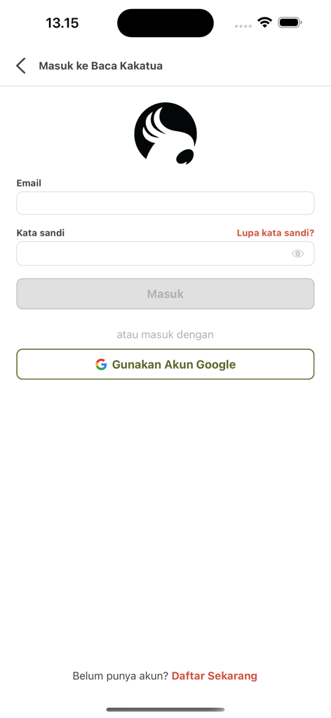 Baca Kakatua - Login screen of the Baca Kakatua ebook app featuring email and password fields and a Google sign in option.