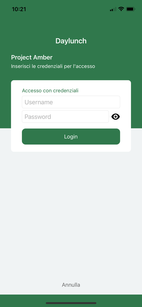 DayLunch - Schermata di accesso dell'app DayLunch con campi di inserimento nome utente e password per Project Amber