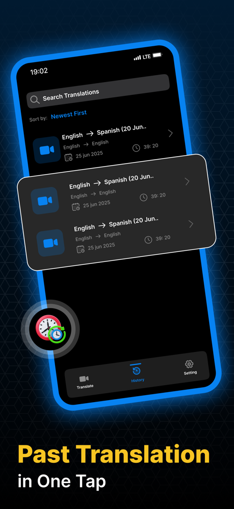 Video Translator: Translate - User interface of the Dubsy video translator app showing history of past translations