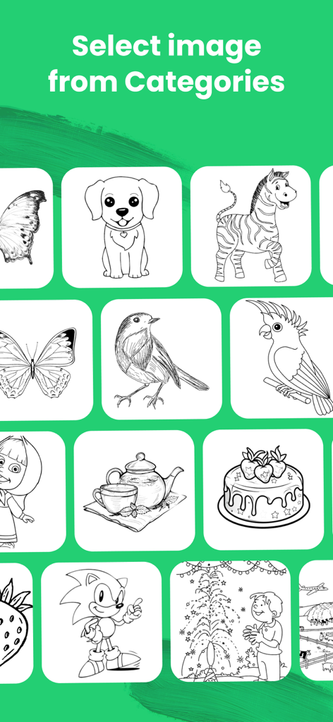 AR Drawing - Sketch Trace Draw - A selection screen in the AR Drawing app showing a grid of various sketches including animals, food, and cartoon characters