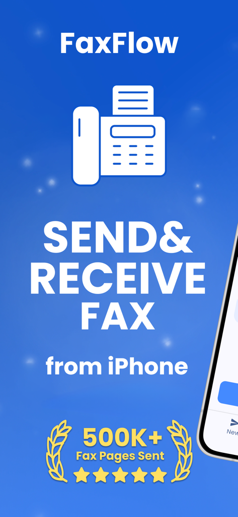 FaxFlow mobile app home screen showing options to send and receive faxes from iPhone with 500K plus pages sent and a five star rating