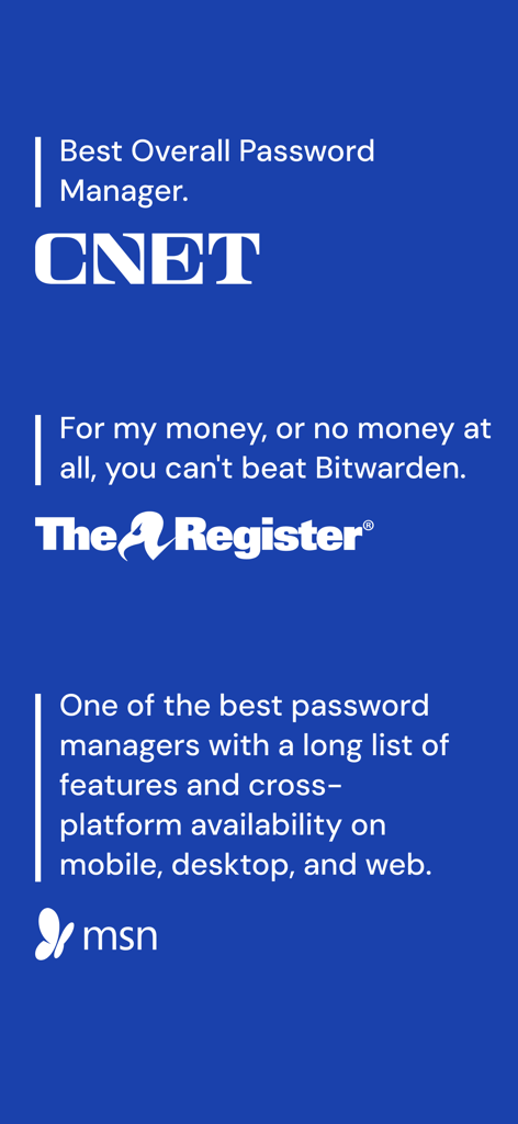 Bitwarden app reviews from CNET, The Register, and MSN on a blue background.