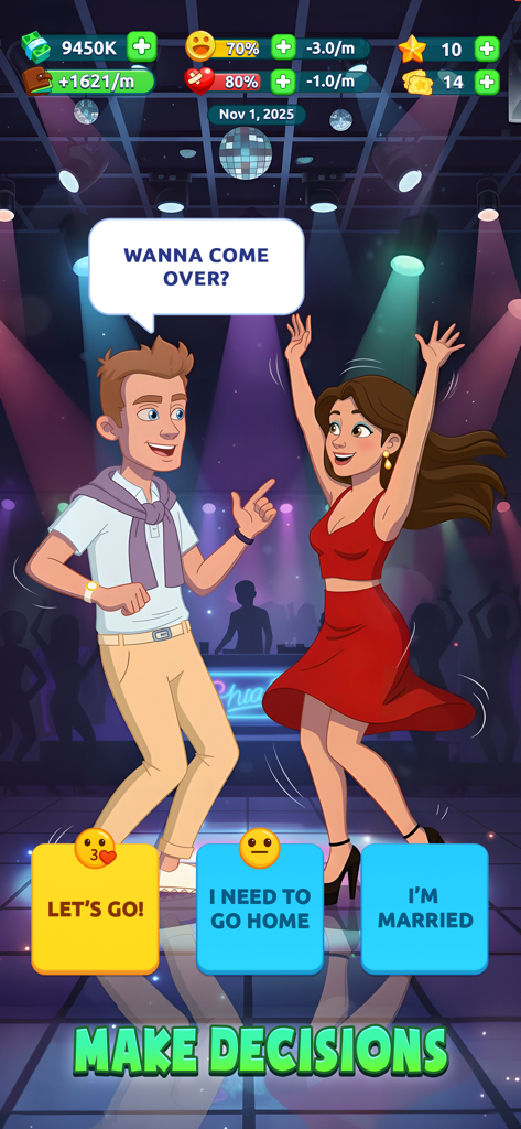 Una escena de simulación de vida en un club nocturno donde un jugador debe elegir una respuesta a una interacción social entre un hombre y una mujer bailando.