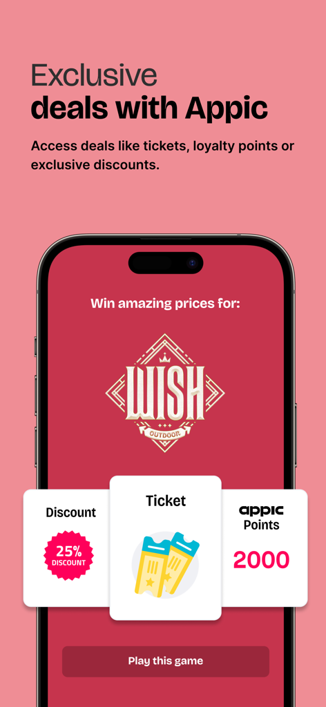 Appic - Festivals & More - Appic app screen showing exclusive festival deals, ticket giveaways, and loyalty points rewards.