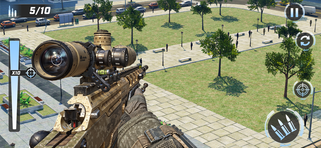 Sniper Shooter Soldier Strike - First person view of a sniper rifle aiming at a city park