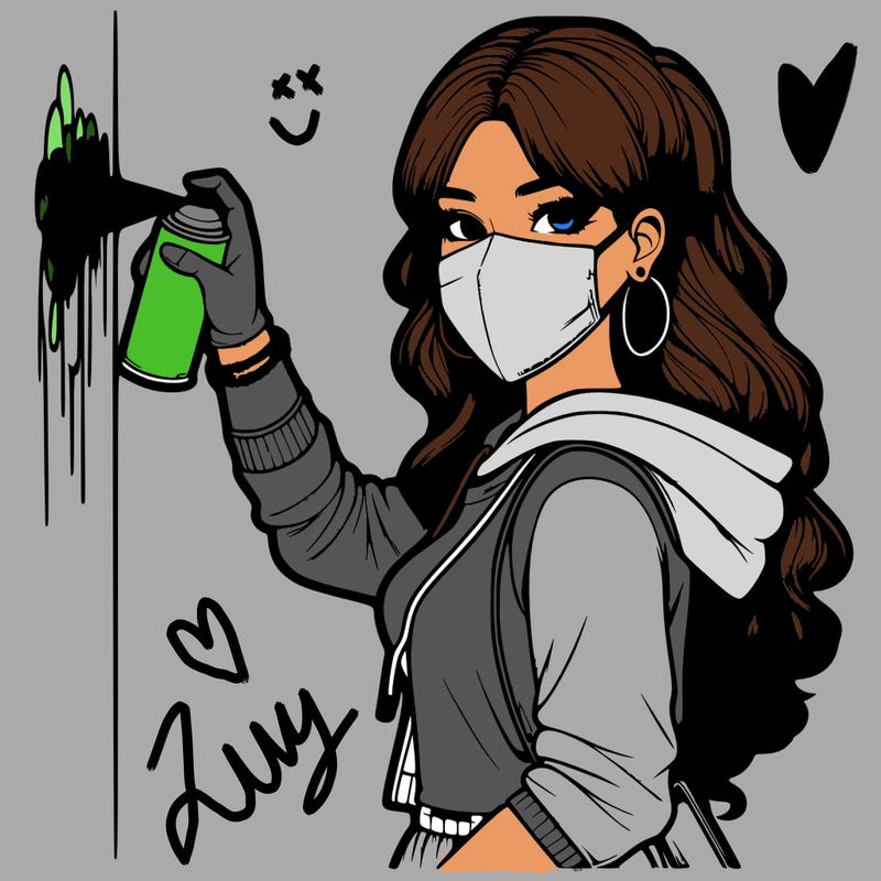 realistic girl with mask spray painting a wall