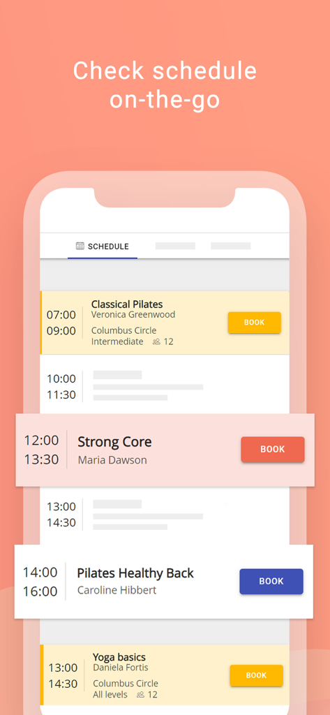 Mobile screen of the Fitssey app showing a schedule of Pilates and Yoga classes with booking options