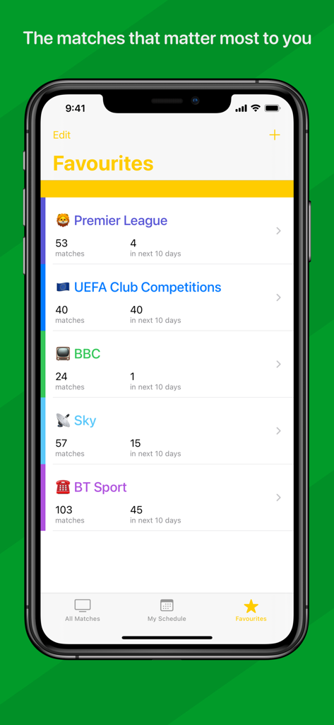 Live Football On TV - Favourites screen of the Live Football On TV app showing match listings for Premier League and UEFA competitions.