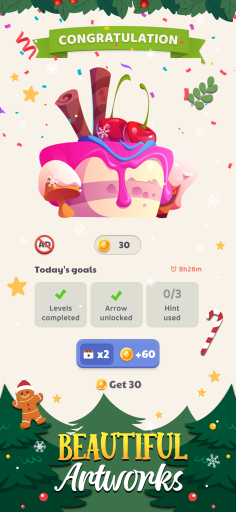 Color Tap: Art Unblock Puzzle - Congratulations screen showing a completed colorful cake illustration and daily game goals